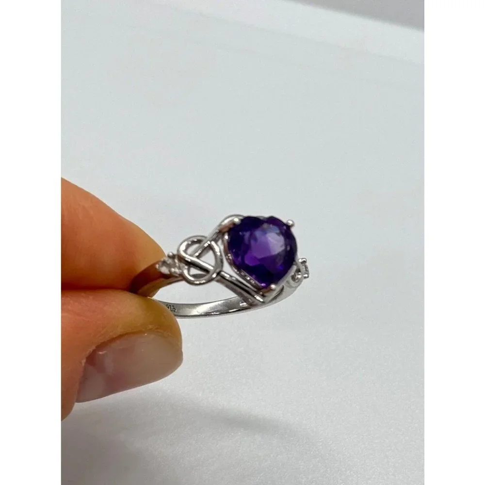 925 STERLING SILVER AMETHYST & GOSHENITE HEART RING SIZE 6